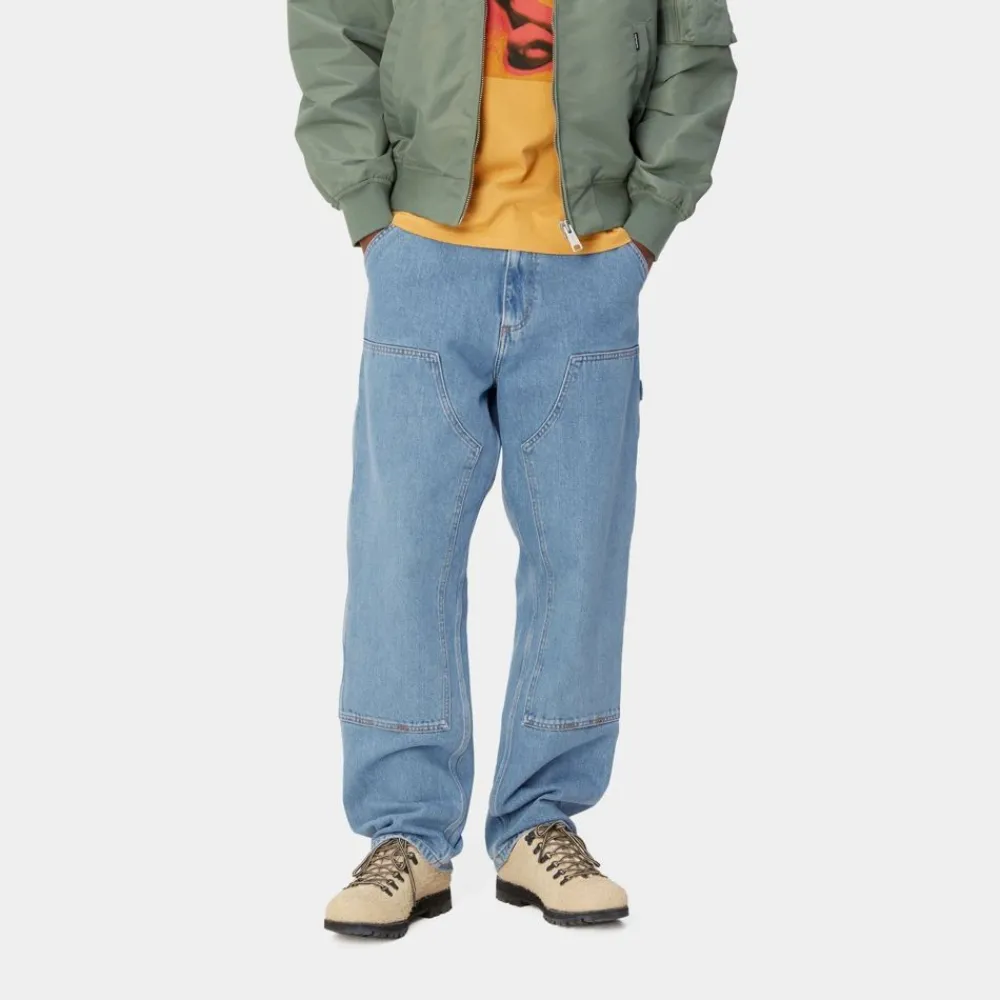 Mænd Carhartt WIP Dobbelt Knaebukser - Denim | Bla (Sten Bleget)