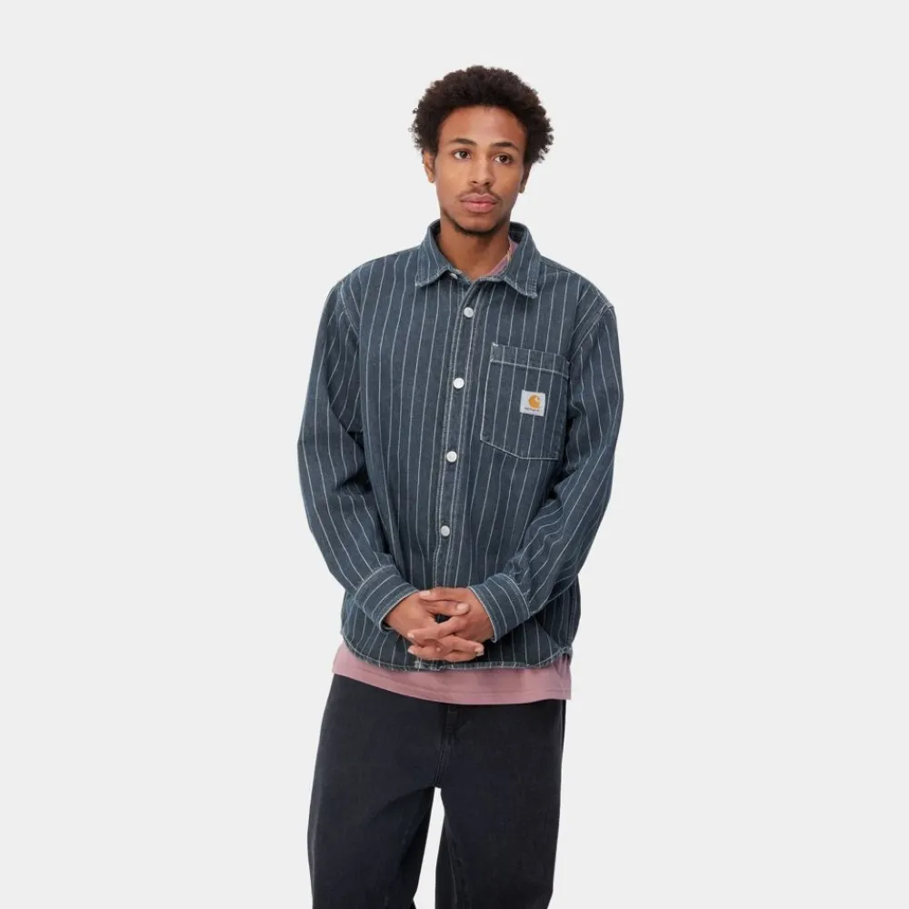 Mænd Carhartt WIP Orlean Stripe Skjortejakke | Bla/Hvid (Stenvasket)